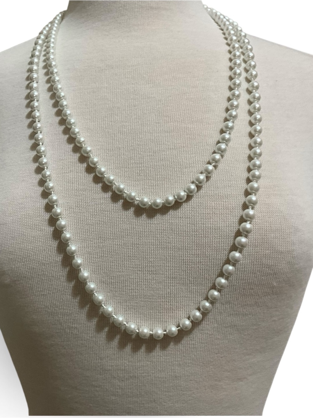 Vintage Long Faux Pearl Necklace 60” Hand Knotted Endless Strand